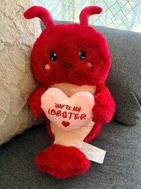Red Plush Lobster Holding Pink Heart - "You're My Lobster"